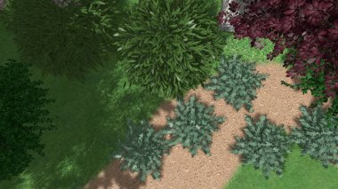 Memleketin peyzaj tasarımının 3 boyutlu görüntüsü. Bölgenin peyzajı. Birleşik peyzaj ve peyzaj çözümlerinin bilgisayar görselleştirmesi.