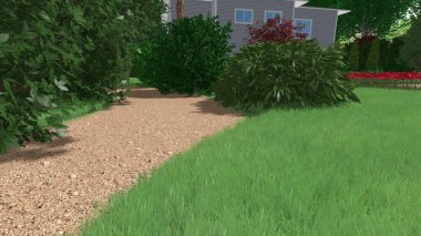 Memleketin peyzaj tasarımının 3 boyutlu görüntüsü. Bölgenin peyzajı. Birleşik peyzaj ve peyzaj çözümlerinin bilgisayar görselleştirmesi.