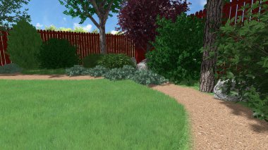 Memleketin peyzaj tasarımının 3 boyutlu görüntüsü. Bölgenin peyzajı. Birleşik peyzaj ve peyzaj çözümlerinin bilgisayar görselleştirmesi.