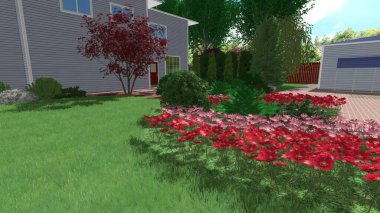 Memleketin peyzaj tasarımının 3 boyutlu görüntüsü. Bölgenin peyzajı. Birleşik peyzaj ve peyzaj çözümlerinin bilgisayar görselleştirmesi.