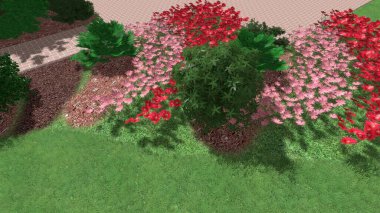 Memleketin peyzaj tasarımının 3 boyutlu görüntüsü. Bölgenin peyzajı. Birleşik peyzaj ve peyzaj çözümlerinin bilgisayar görselleştirmesi.