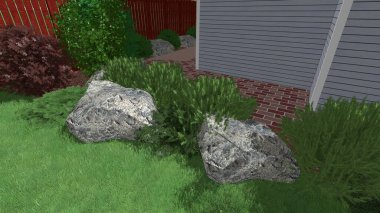 Memleketin peyzaj tasarımının 3 boyutlu görüntüsü. Bölgenin peyzajı. Birleşik peyzaj ve peyzaj çözümlerinin bilgisayar görselleştirmesi.