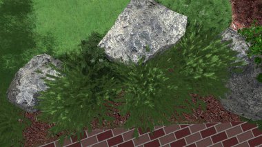 Memleketin peyzaj tasarımının 3 boyutlu görüntüsü. Bölgenin peyzajı. Birleşik peyzaj ve peyzaj çözümlerinin bilgisayar görselleştirmesi.