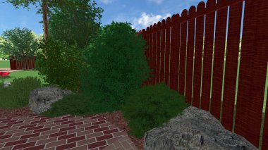 Memleketin peyzaj tasarımının 3 boyutlu görüntüsü. Bölgenin peyzajı. Birleşik peyzaj ve peyzaj çözümlerinin bilgisayar görselleştirmesi.