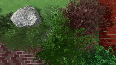 Memleketin peyzaj tasarımının 3 boyutlu görüntüsü. Bölgenin peyzajı. Birleşik peyzaj ve peyzaj çözümlerinin bilgisayar görselleştirmesi.