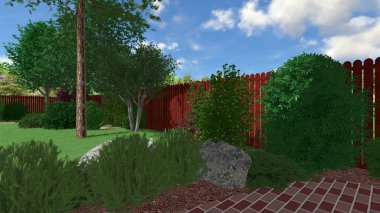 Memleketin peyzaj tasarımının 3 boyutlu görüntüsü. Bölgenin peyzajı. Birleşik peyzaj ve peyzaj çözümlerinin bilgisayar görselleştirmesi.