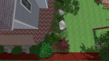 Memleketin peyzaj tasarımının 3 boyutlu görüntüsü. Bölgenin peyzajı. Birleşik peyzaj ve peyzaj çözümlerinin bilgisayar görselleştirmesi.