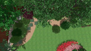 Memleketin peyzaj tasarımının 3 boyutlu görüntüsü. Bölgenin peyzajı. Birleşik peyzaj ve peyzaj çözümlerinin bilgisayar görselleştirmesi.