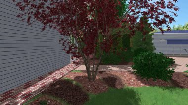 Memleketin peyzaj tasarımının 3 boyutlu görüntüsü. Bölgenin peyzajı. Birleşik peyzaj ve peyzaj çözümlerinin bilgisayar görselleştirmesi.