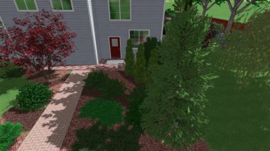 Memleketin peyzaj tasarımının 3 boyutlu görüntüsü. Bölgenin peyzajı. Birleşik peyzaj ve peyzaj çözümlerinin bilgisayar görselleştirmesi.