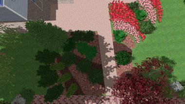 Memleketin peyzaj tasarımının 3 boyutlu görüntüsü. Bölgenin peyzajı. Birleşik peyzaj ve peyzaj çözümlerinin bilgisayar görselleştirmesi.