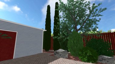 Memleketin peyzaj tasarımının 3 boyutlu görüntüsü. Bölgenin peyzajı. Birleşik peyzaj ve peyzaj çözümlerinin bilgisayar görselleştirmesi.