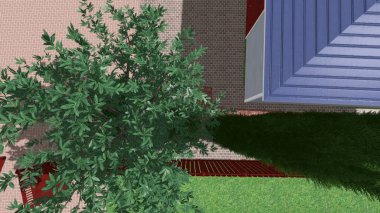 Memleketin peyzaj tasarımının 3 boyutlu görüntüsü. Bölgenin peyzajı. Birleşik peyzaj ve peyzaj çözümlerinin bilgisayar görselleştirmesi.