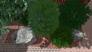 Memleketin peyzaj tasarımının 3 boyutlu görüntüsü. Bölgenin peyzajı. Birleşik peyzaj ve peyzaj çözümlerinin bilgisayar görselleştirmesi.