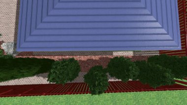 Memleketin peyzaj tasarımının 3 boyutlu görüntüsü. Bölgenin peyzajı. Birleşik peyzaj ve peyzaj çözümlerinin bilgisayar görselleştirmesi.