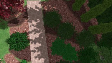 Memleketin peyzaj tasarımının 3 boyutlu görüntüsü. Bölgenin peyzajı. Birleşik peyzaj ve peyzaj çözümlerinin bilgisayar görselleştirmesi.