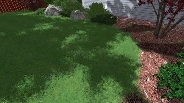 Memleketin peyzaj tasarımının 3 boyutlu görüntüsü. Bölgenin peyzajı. Birleşik peyzaj ve peyzaj çözümlerinin bilgisayar görselleştirmesi.