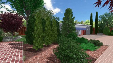 Memleketin peyzaj tasarımının 3 boyutlu görüntüsü. Bölgenin peyzajı. Birleşik peyzaj ve peyzaj çözümlerinin bilgisayar görselleştirmesi.