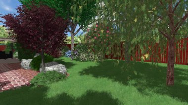 Memleketin peyzaj tasarımının 3 boyutlu görüntüsü. Bölgenin peyzajı. Birleşik peyzaj ve peyzaj çözümlerinin bilgisayar görselleştirmesi.