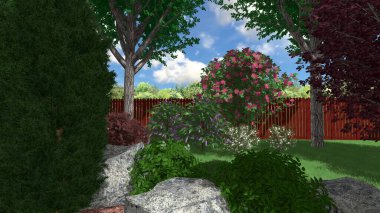 Memleketin peyzaj tasarımının 3 boyutlu görüntüsü. Bölgenin peyzajı. Birleşik peyzaj ve peyzaj çözümlerinin bilgisayar görselleştirmesi.