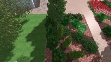 Memleketin peyzaj tasarımının 3 boyutlu görüntüsü. Bölgenin peyzajı. Birleşik peyzaj ve peyzaj çözümlerinin bilgisayar görselleştirmesi.