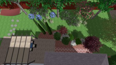 Memleketin peyzaj tasarımının 3 boyutlu görüntüsü. Bölgenin peyzajı. Birleşik peyzaj ve peyzaj çözümlerinin bilgisayar görselleştirmesi.