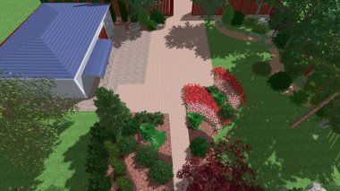 Memleketin peyzaj tasarımının 3 boyutlu görüntüsü. Bölgenin peyzajı. Birleşik peyzaj ve peyzaj çözümlerinin bilgisayar görselleştirmesi.