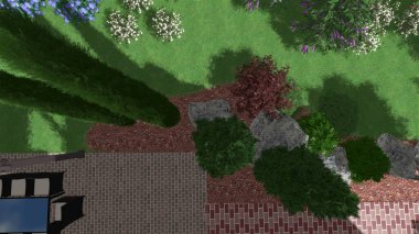 Memleketin peyzaj tasarımının 3 boyutlu görüntüsü. Bölgenin peyzajı. Birleşik peyzaj ve peyzaj çözümlerinin bilgisayar görselleştirmesi.