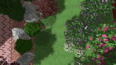 Memleketin peyzaj tasarımının 3 boyutlu görüntüsü. Bölgenin peyzajı. Birleşik peyzaj ve peyzaj çözümlerinin bilgisayar görselleştirmesi.