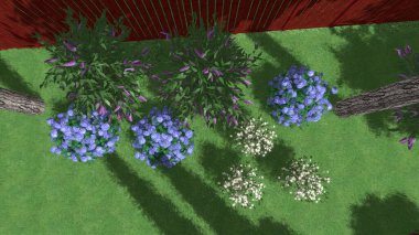 Memleketin peyzaj tasarımının 3 boyutlu görüntüsü. Bölgenin peyzajı. Birleşik peyzaj ve peyzaj çözümlerinin bilgisayar görselleştirmesi.