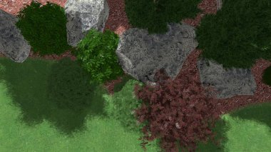 Memleketin peyzaj tasarımının 3 boyutlu görüntüsü. Bölgenin peyzajı. Birleşik peyzaj ve peyzaj çözümlerinin bilgisayar görselleştirmesi.