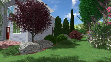 Memleketin peyzaj tasarımının 3 boyutlu görüntüsü. Bölgenin peyzajı. Birleşik peyzaj ve peyzaj çözümlerinin bilgisayar görselleştirmesi.