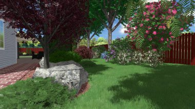 Memleketin peyzaj tasarımının 3 boyutlu görüntüsü. Bölgenin peyzajı. Birleşik peyzaj ve peyzaj çözümlerinin bilgisayar görselleştirmesi.