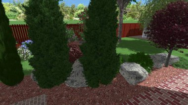 Memleketin peyzaj tasarımının 3 boyutlu görüntüsü. Bölgenin peyzajı. Birleşik peyzaj ve peyzaj çözümlerinin bilgisayar görselleştirmesi.