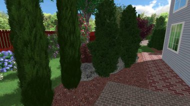 Memleketin peyzaj tasarımının 3 boyutlu görüntüsü. Bölgenin peyzajı. Birleşik peyzaj ve peyzaj çözümlerinin bilgisayar görselleştirmesi.