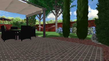 Memleketin peyzaj tasarımının 3 boyutlu görüntüsü. Bölgenin peyzajı. Birleşik peyzaj ve peyzaj çözümlerinin bilgisayar görselleştirmesi.