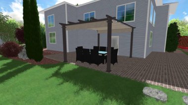 Memleketin peyzaj tasarımının 3 boyutlu görüntüsü. Bölgenin peyzajı. Birleşik peyzaj ve peyzaj çözümlerinin bilgisayar görselleştirmesi.