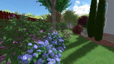 Memleketin peyzaj tasarımının 3 boyutlu görüntüsü. Bölgenin peyzajı. Birleşik peyzaj ve peyzaj çözümlerinin bilgisayar görselleştirmesi.