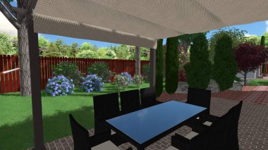 Memleketin peyzaj tasarımının 3 boyutlu görüntüsü. Bölgenin peyzajı. Birleşik peyzaj ve peyzaj çözümlerinin bilgisayar görselleştirmesi.