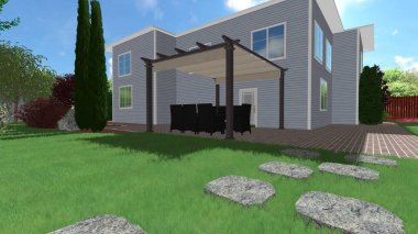 Memleketin peyzaj tasarımının 3 boyutlu görüntüsü. Bölgenin peyzajı. Birleşik peyzaj ve peyzaj çözümlerinin bilgisayar görselleştirmesi.