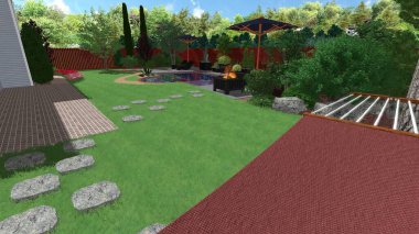 Memleketin peyzaj tasarımının 3 boyutlu görüntüsü. Bölgenin peyzajı. Birleşik peyzaj ve peyzaj çözümlerinin bilgisayar görselleştirmesi.