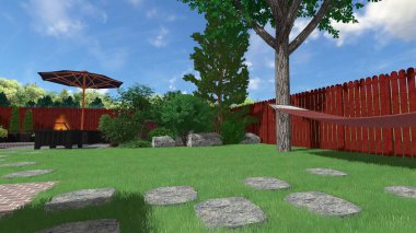 Memleketin peyzaj tasarımının 3 boyutlu görüntüsü. Bölgenin peyzajı. Birleşik peyzaj ve peyzaj çözümlerinin bilgisayar görselleştirmesi.