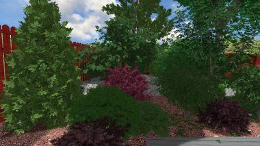 Memleketin peyzaj tasarımının 3 boyutlu görüntüsü. Bölgenin peyzajı. Birleşik peyzaj ve peyzaj çözümlerinin bilgisayar görselleştirmesi.