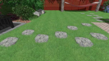 Memleketin peyzaj tasarımının 3 boyutlu görüntüsü. Bölgenin peyzajı. Birleşik peyzaj ve peyzaj çözümlerinin bilgisayar görselleştirmesi.