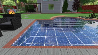 Memleketin peyzaj tasarımının 3 boyutlu görüntüsü. Bölgenin peyzajı. Birleşik peyzaj ve peyzaj çözümlerinin bilgisayar görselleştirmesi.