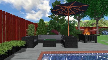 Memleketin peyzaj tasarımının 3 boyutlu görüntüsü. Bölgenin peyzajı. Birleşik peyzaj ve peyzaj çözümlerinin bilgisayar görselleştirmesi.