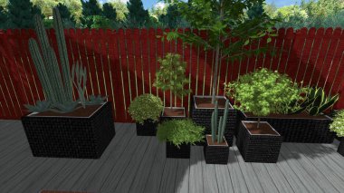 Memleketin peyzaj tasarımının 3 boyutlu görüntüsü. Bölgenin peyzajı. Birleşik peyzaj ve peyzaj çözümlerinin bilgisayar görselleştirmesi.