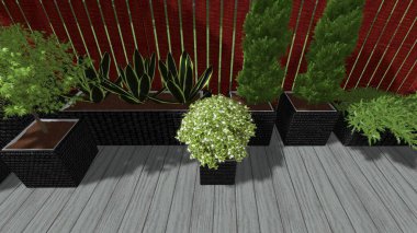 Memleketin peyzaj tasarımının 3 boyutlu görüntüsü. Bölgenin peyzajı. Birleşik peyzaj ve peyzaj çözümlerinin bilgisayar görselleştirmesi.