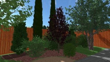 Memleketin peyzaj tasarımının 3 boyutlu görüntüsü. Bölgenin peyzajı. Birleşik peyzaj ve peyzaj çözümlerinin bilgisayar görselleştirmesi.