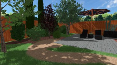 Memleketin peyzaj tasarımının 3 boyutlu görüntüsü. Bölgenin peyzajı. Birleşik peyzaj ve peyzaj çözümlerinin bilgisayar görselleştirmesi.